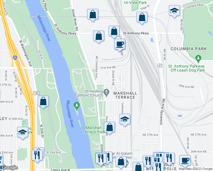 map of restaurants, bars, coffee shops, grocery stores, and more near 2955 Randolph Street Northeast in Minneapolis