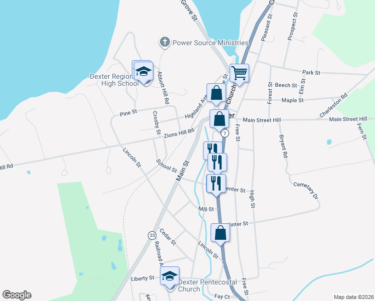 map of restaurants, bars, coffee shops, grocery stores, and more near 45 Main Street in Dexter