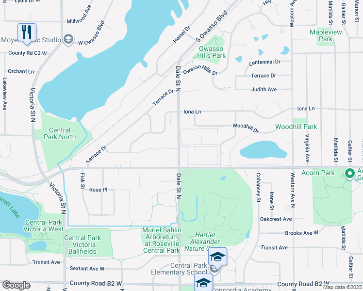 map of restaurants, bars, coffee shops, grocery stores, and more near 2750 Dale Street North in Roseville