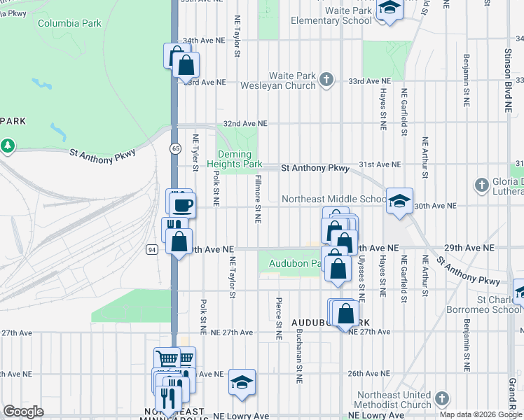 map of restaurants, bars, coffee shops, grocery stores, and more near 3006 Pierce Street Northeast in Minneapolis