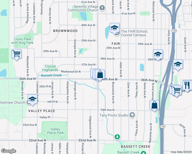 map of restaurants, bars, coffee shops, grocery stores, and more near 3618 Douglas Drive North in Crystal
