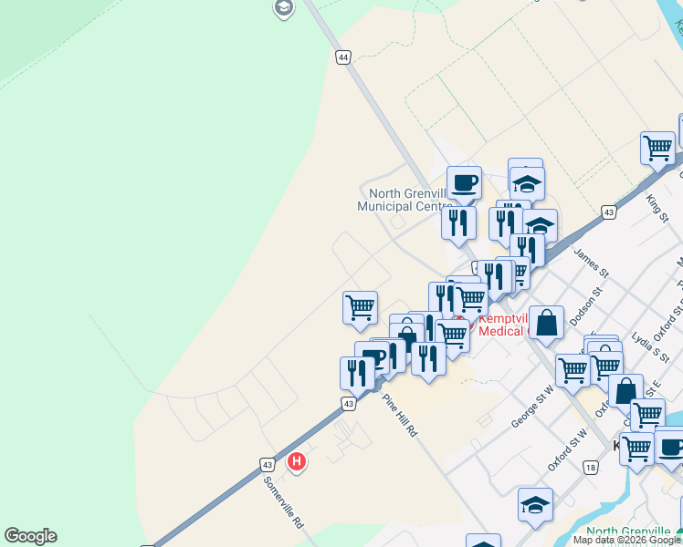 map of restaurants, bars, coffee shops, grocery stores, and more near 3200 Harvester Crescent in Kemptville