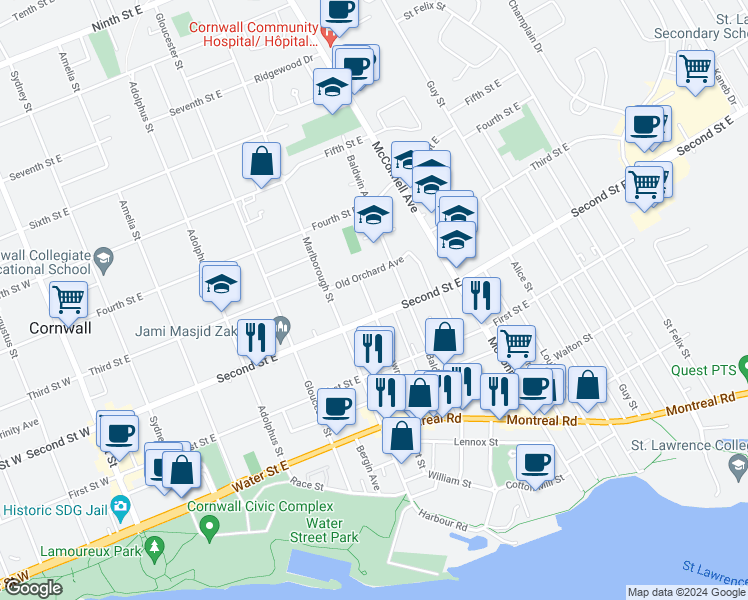 map of restaurants, bars, coffee shops, grocery stores, and more near 214 Lawrence Avenue in Cornwall