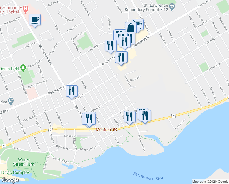 map of restaurants, bars, coffee shops, grocery stores, and more near 310 Belmont Street in Cornwall