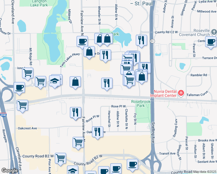 map of restaurants, bars, coffee shops, grocery stores, and more near 2730 Herschel Street North in Roseville