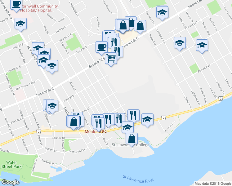 map of restaurants, bars, coffee shops, grocery stores, and more near 703 Walton Street in Cornwall