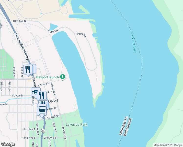 map of restaurants, bars, coffee shops, grocery stores, and more near 8 Point Road in Bayport
