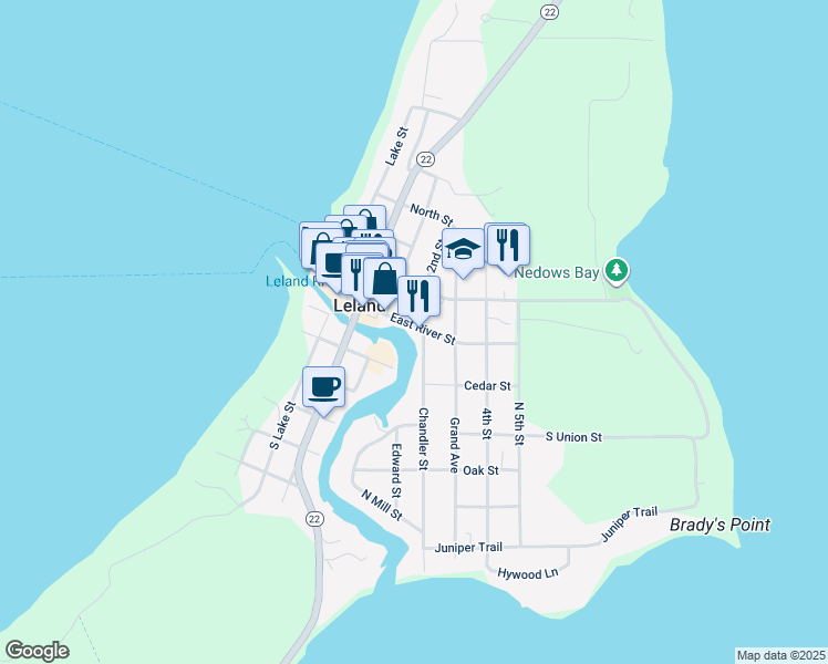 map of restaurants, bars, coffee shops, grocery stores, and more near 302 East River Street in Leland