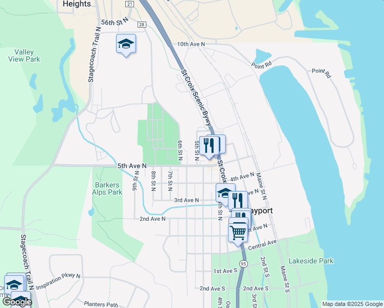 map of restaurants, bars, coffee shops, grocery stores, and more near 675 6th Street North in Bayport