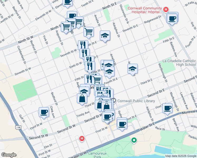 map of restaurants, bars, coffee shops, grocery stores, and more near 18 Monroe Avenue in Cornwall