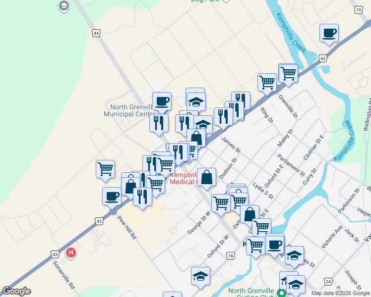 map of restaurants, bars, coffee shops, grocery stores, and more near in Kemptville