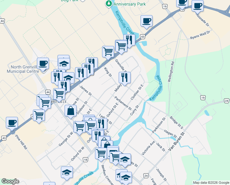 map of restaurants, bars, coffee shops, grocery stores, and more near 511 Maley Street in North Grenville