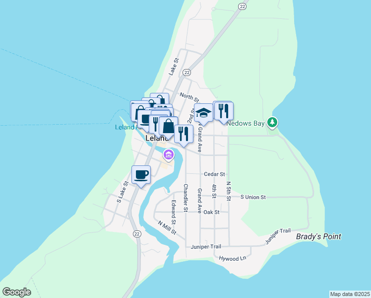map of restaurants, bars, coffee shops, grocery stores, and more near 302 East River Street in Leland