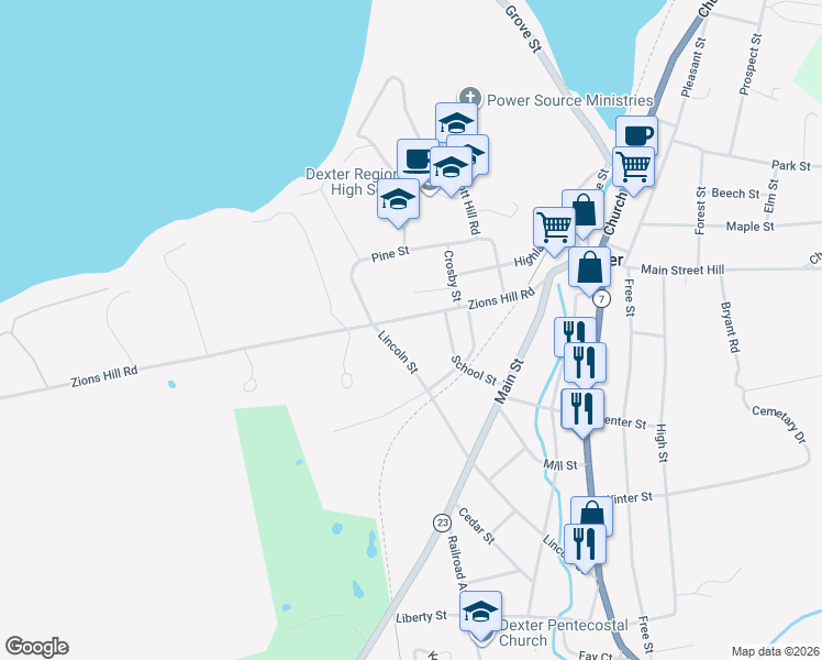 map of restaurants, bars, coffee shops, grocery stores, and more near 70 Zions Hill Road in Dexter