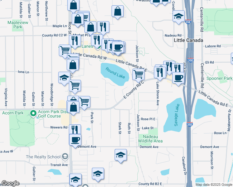 map of restaurants, bars, coffee shops, grocery stores, and more near 45 East County Road C in Saint Paul
