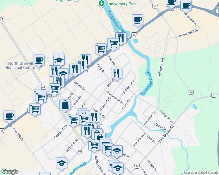 map of restaurants, bars, coffee shops, grocery stores, and more near 508 Maley Street in North Grenville