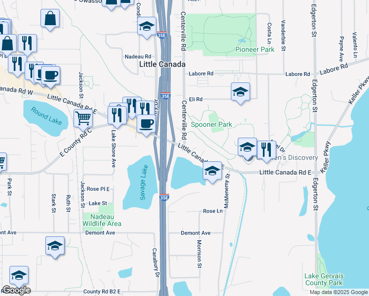 map of restaurants, bars, coffee shops, grocery stores, and more near 303 Little Canada Road East in Saint Paul