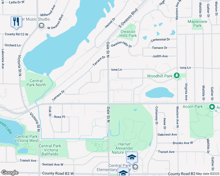 map of restaurants, bars, coffee shops, grocery stores, and more near 2750 Dale Street North in Roseville
