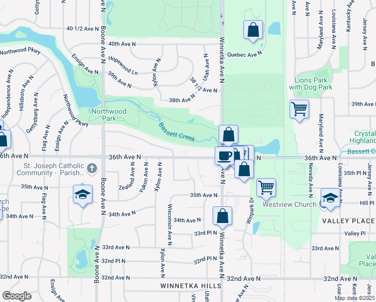map of restaurants, bars, coffee shops, grocery stores, and more near 8000 36th Avenue North in New Hope