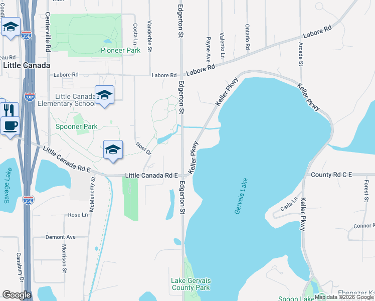 map of restaurants, bars, coffee shops, grocery stores, and more near 2688 Edgerton Street in Little Canada