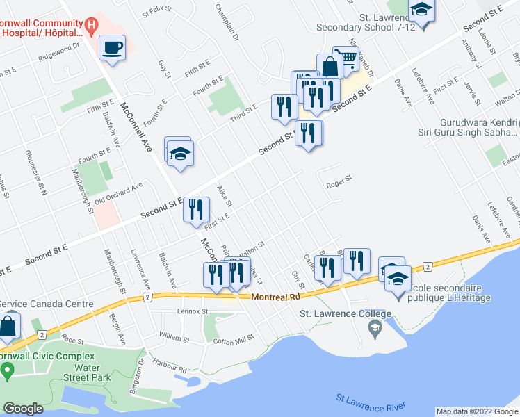 map of restaurants, bars, coffee shops, grocery stores, and more near 337 Guy Street in Cornwall