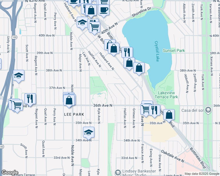 map of restaurants, bars, coffee shops, grocery stores, and more near 3689 Indiana Avenue North in Robbinsdale