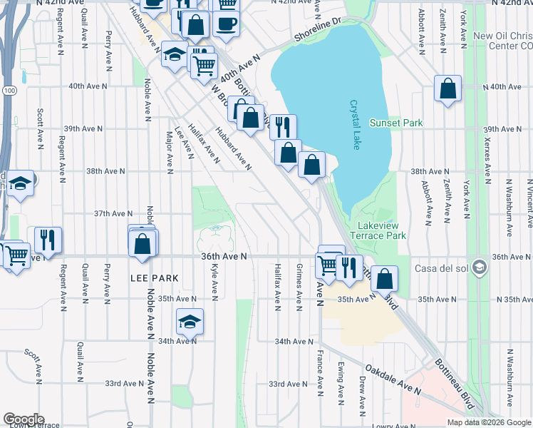 map of restaurants, bars, coffee shops, grocery stores, and more near 3689 Hubbard Avenue North in Minneapolis