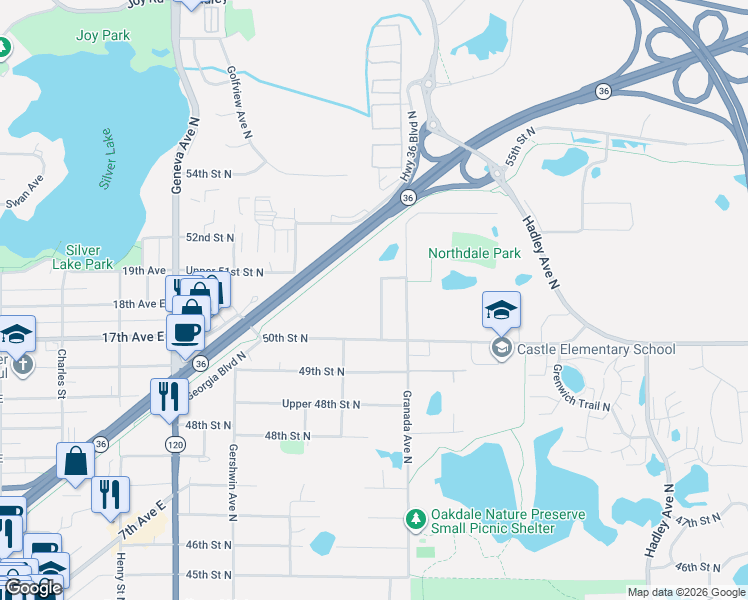 map of restaurants, bars, coffee shops, grocery stores, and more near 5075 Grafton Avenue North in Oakdale