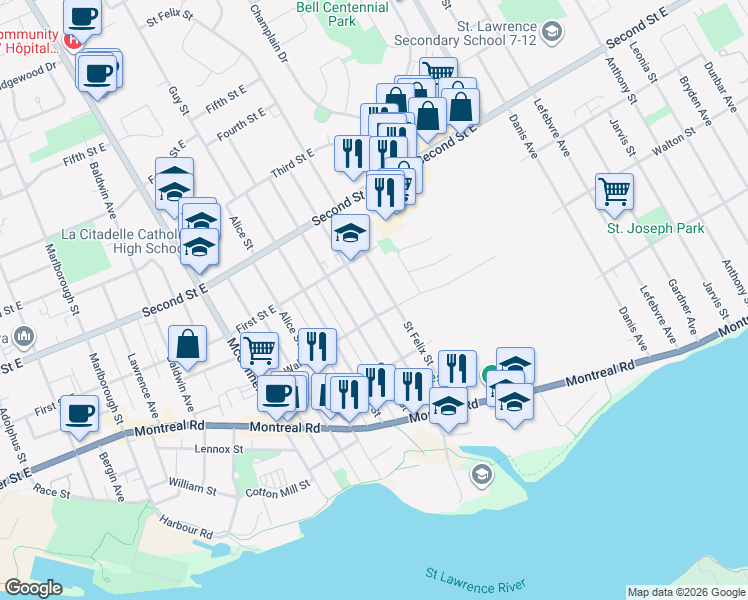 map of restaurants, bars, coffee shops, grocery stores, and more near 309 A Belmont Street in Cornwall