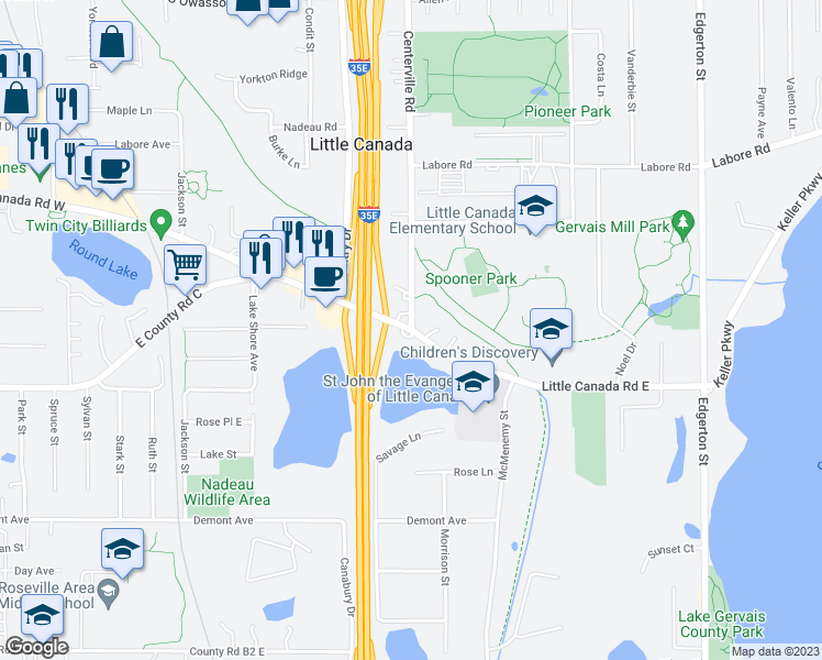 map of restaurants, bars, coffee shops, grocery stores, and more near 303 Little Canada Road East in Saint Paul
