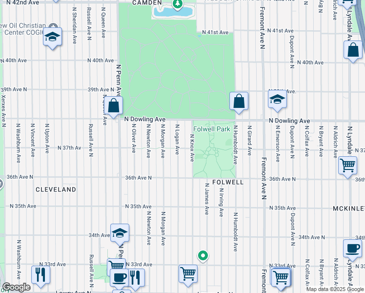 map of restaurants, bars, coffee shops, grocery stores, and more near 3706 North Logan Avenue in Minneapolis