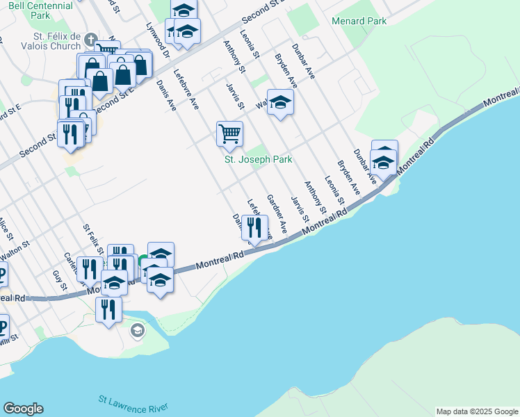 map of restaurants, bars, coffee shops, grocery stores, and more near 37 Lefebvre Avenue in Cornwall