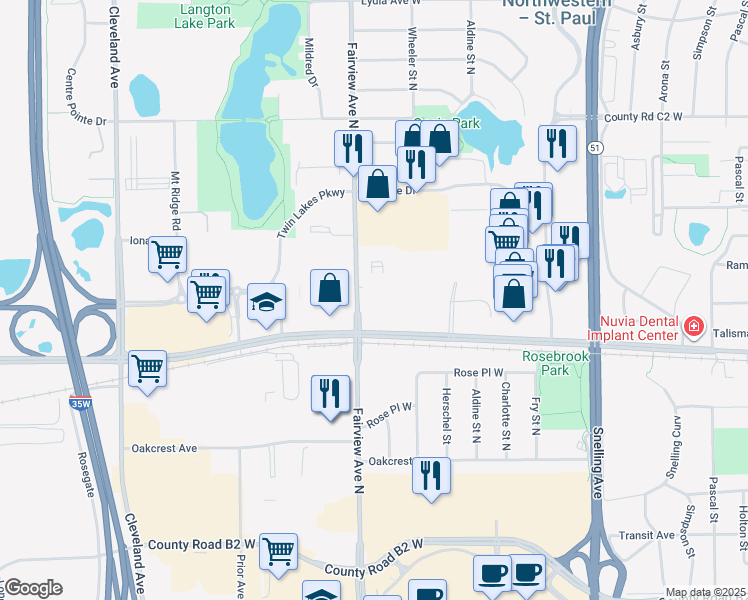 map of restaurants, bars, coffee shops, grocery stores, and more near 2700 Fairview Avenue North in Roseville