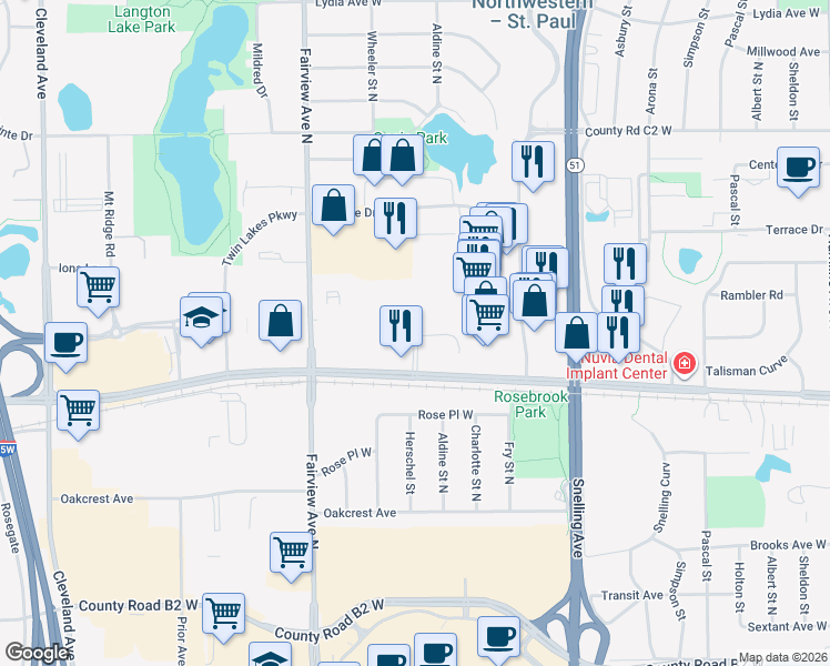 map of restaurants, bars, coffee shops, grocery stores, and more near 2705 Herschel Street North in Roseville