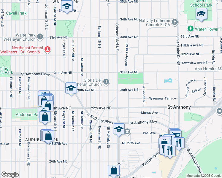 map of restaurants, bars, coffee shops, grocery stores, and more near 3001 Northeast McKinley Street in Minneapolis