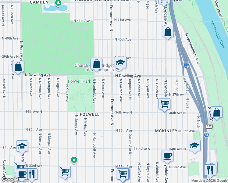 map of restaurants, bars, coffee shops, grocery stores, and more near 3706 Fremont Avenue North in Minneapolis