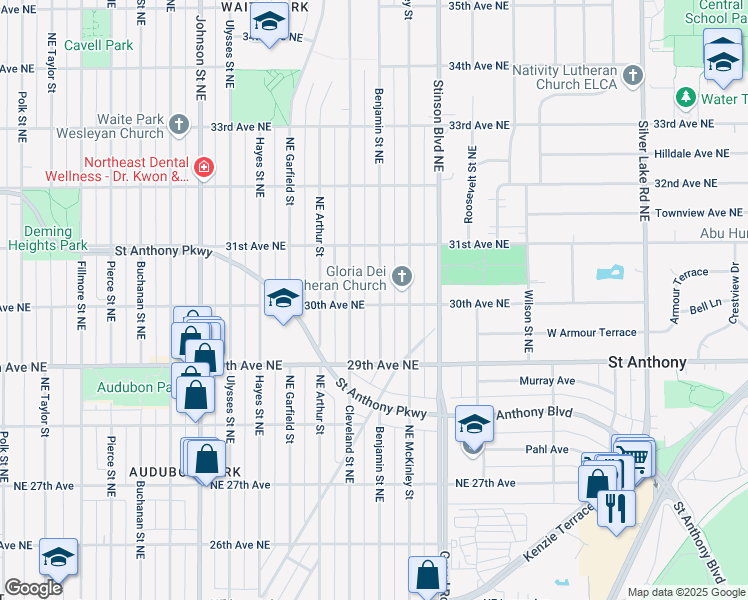 map of restaurants, bars, coffee shops, grocery stores, and more near 3000 Northeast Benjamin Street in Minneapolis