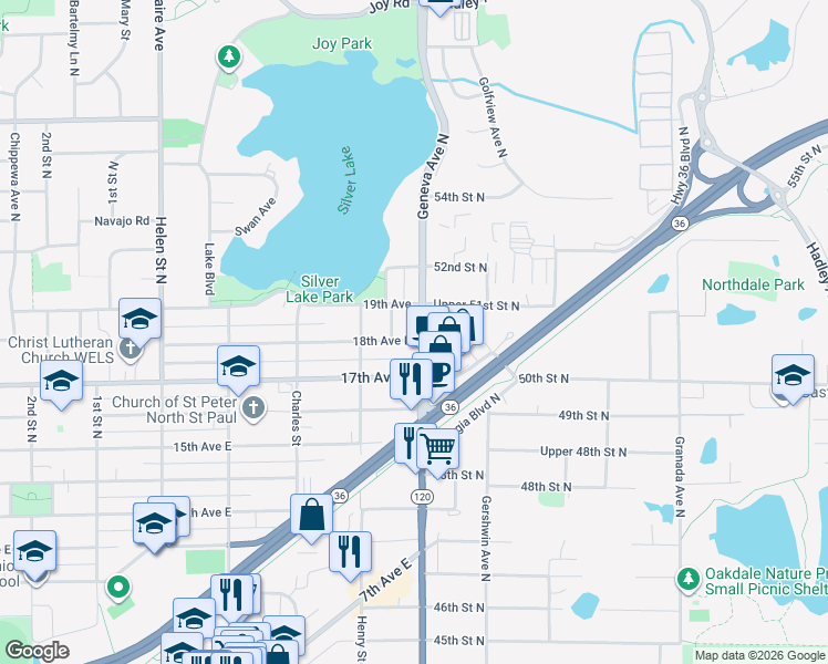 map of restaurants, bars, coffee shops, grocery stores, and more near 2735 18th Avenue East in North Saint Paul