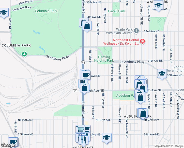 map of restaurants, bars, coffee shops, grocery stores, and more near 3005 Northeast Tyler Street in Minneapolis