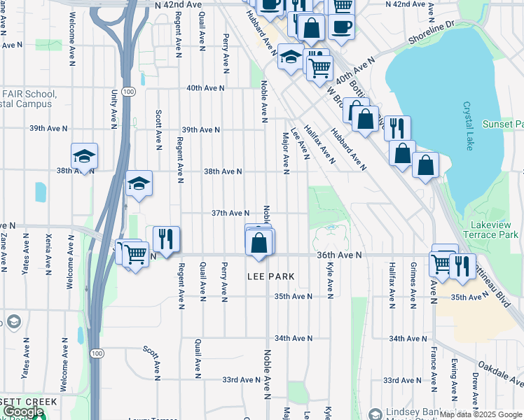 map of restaurants, bars, coffee shops, grocery stores, and more near 3701 Noble Avenue North in Minneapolis