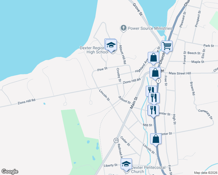 map of restaurants, bars, coffee shops, grocery stores, and more near 70 Zions Hill Road in Dexter