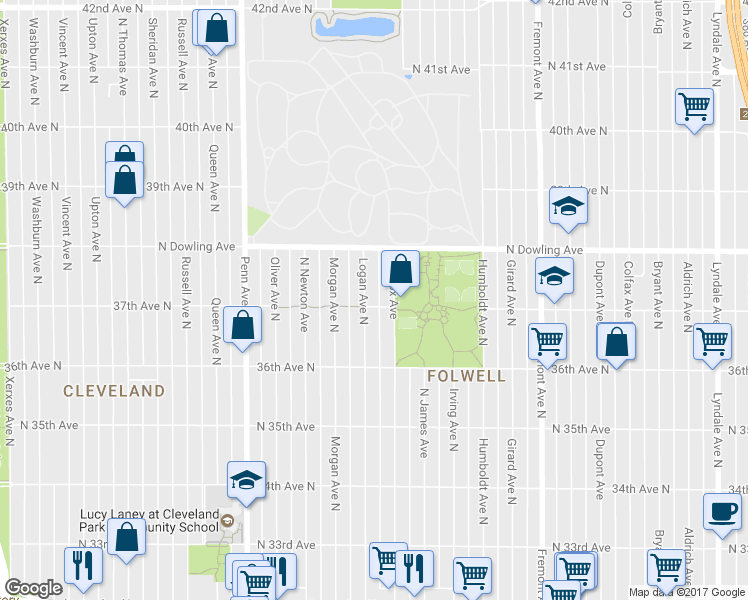 map of restaurants, bars, coffee shops, grocery stores, and more near 3706 North Logan Avenue in Minneapolis