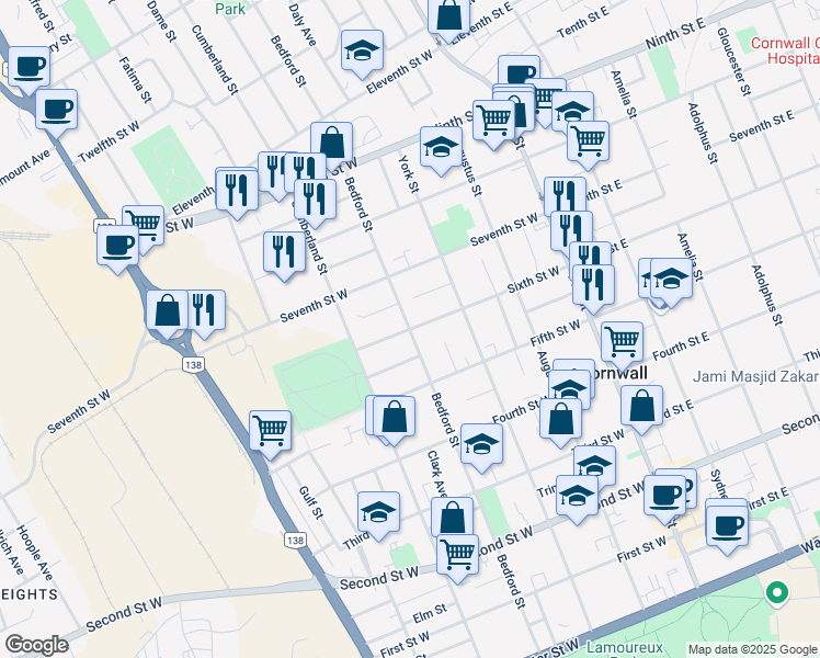 map of restaurants, bars, coffee shops, grocery stores, and more near Bedford Street in Cornwall