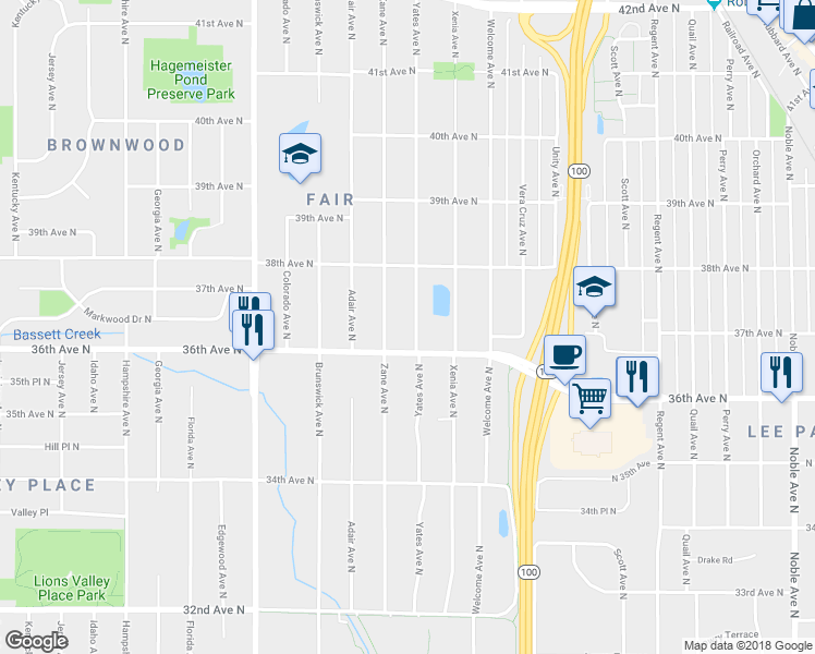 map of restaurants, bars, coffee shops, grocery stores, and more near 3621 Yates Avenue North in Minneapolis