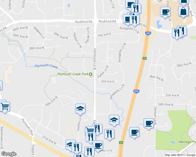map of restaurants, bars, coffee shops, grocery stores, and more near 14225 36th Avenue North in Minneapolis