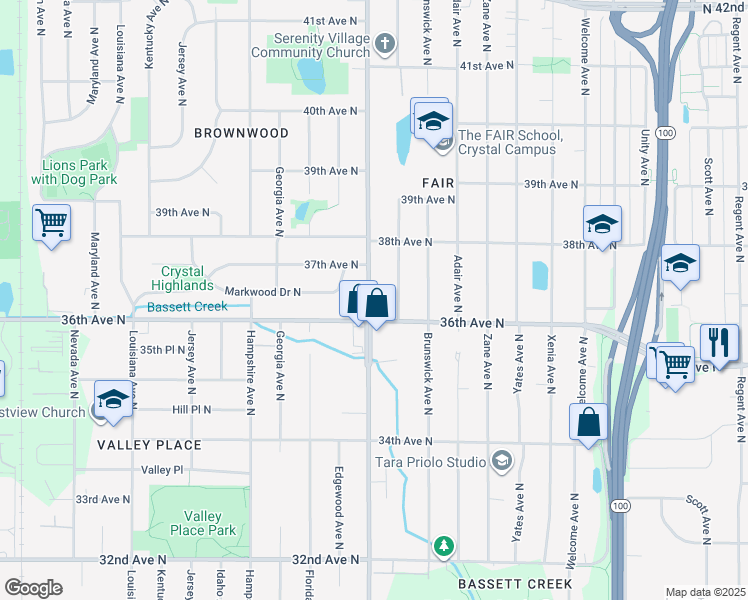 map of restaurants, bars, coffee shops, grocery stores, and more near 3618 Douglas Drive North in Crystal