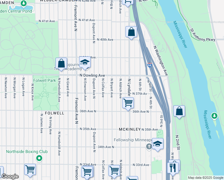 map of restaurants, bars, coffee shops, grocery stores, and more near Bryant Avenue North in Minneapolis