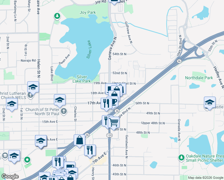 map of restaurants, bars, coffee shops, grocery stores, and more near 2735 18th Avenue East in North Saint Paul