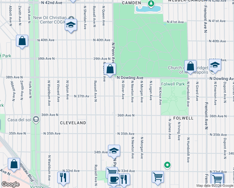 map of restaurants, bars, coffee shops, grocery stores, and more near 3707 North Oliver Avenue in Minneapolis