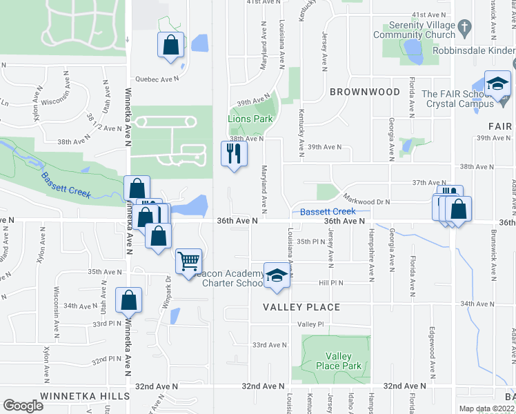 map of restaurants, bars, coffee shops, grocery stores, and more near 3609 Maryland Avenue North in Minneapolis